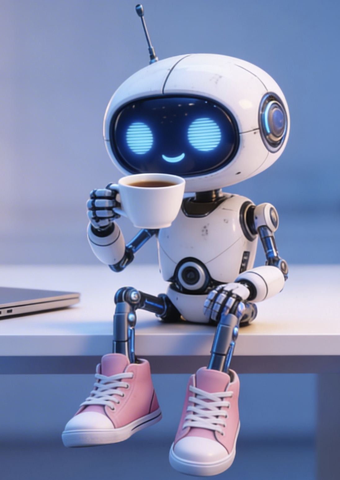 Illustration eines Roboters mit Espressotasse – Maskottchen des monatlichen KI Power Espresso Webinars