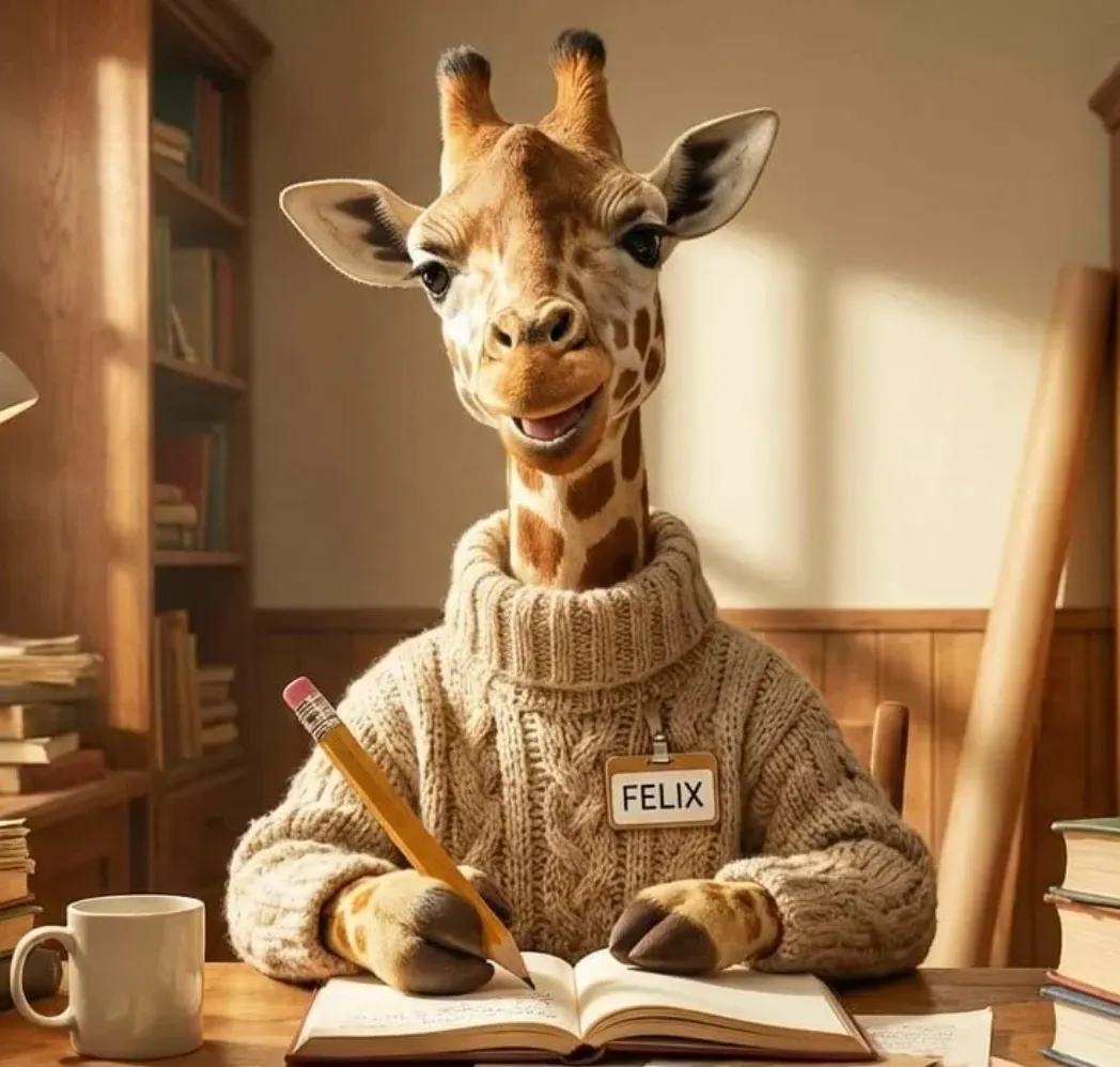 Felix, das Giraffen-Maskottchen von KI Power Swiss, mit Namensschild und Bleistift an einem Schreibtisch